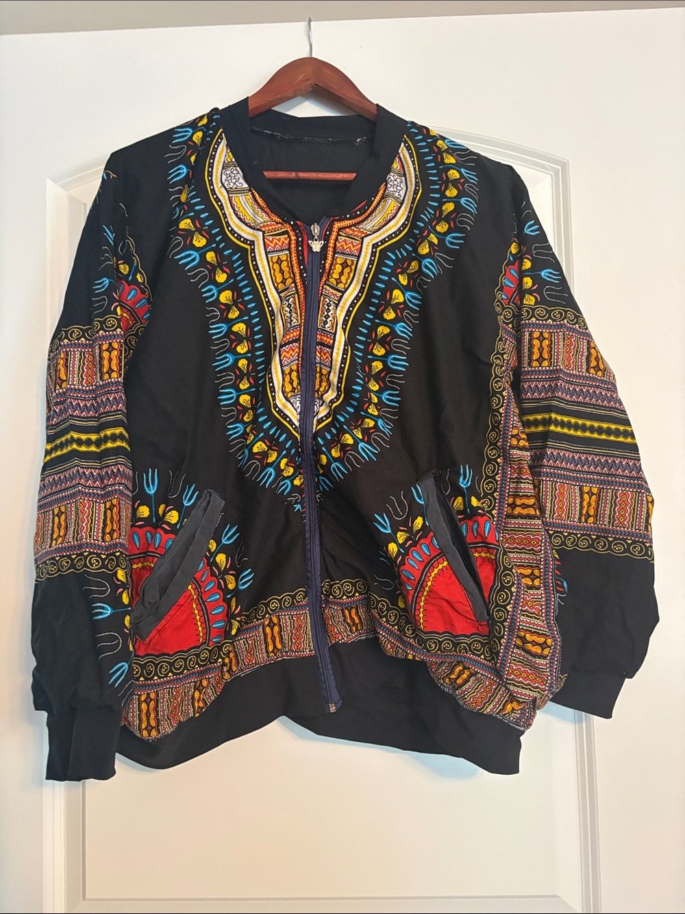Black Dashiki-Style Bomber Jacket with Multicolor Embellishment
